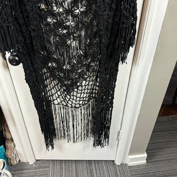 LAMARQUE Black Macramé Fringe Duster | Boho Open-Knit Long Cardigan | Size S - Picture 4 of 7